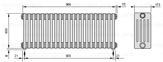 Схема (чертеж) Радиатор Zehnder Charleston 5060/21 №3570 Белый глянцевый RAL 9016